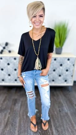 The ZigZag Stripe TOPS & TUNICS Black Boyfriend V-Neck Tee