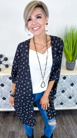 The ZigZag Stripe Black Floral Everything I Need Cardigan OUTERWEAR