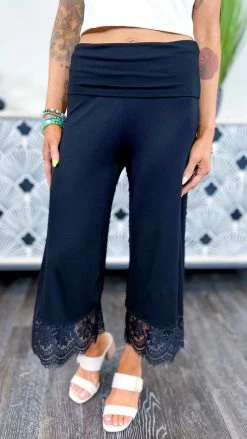 The ZigZag Stripe BOTTOMS Black Lace Trim Gaucho Pants