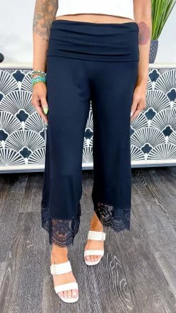 The ZigZag Stripe BOTTOMS Black Lace Trim Gaucho Pants