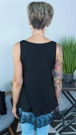 The ZigZag Stripe TOPS & TUNICS Black Reverie Lace Trim Tank