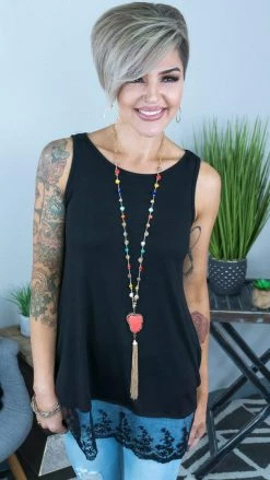 The ZigZag Stripe TOPS & TUNICS Black Reverie Lace Trim Tank