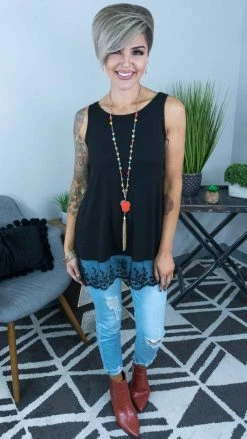 The ZigZag Stripe TOPS & TUNICS Black Reverie Lace Trim Tank