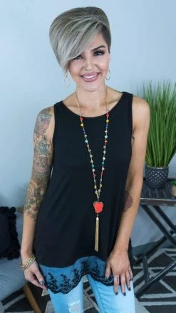 The ZigZag Stripe TOPS & TUNICS Black Reverie Lace Trim Tank