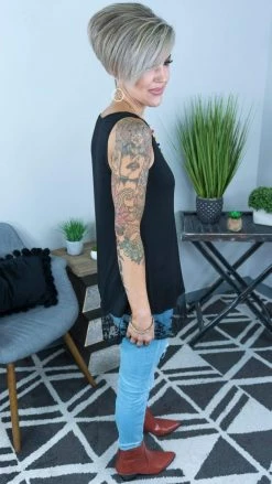 The ZigZag Stripe TOPS & TUNICS Black Reverie Lace Trim Tank