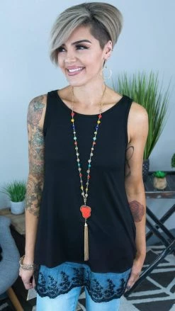 The ZigZag Stripe TOPS & TUNICS Black Reverie Lace Trim Tank