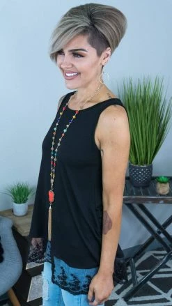The ZigZag Stripe TOPS & TUNICS Black Reverie Lace Trim Tank