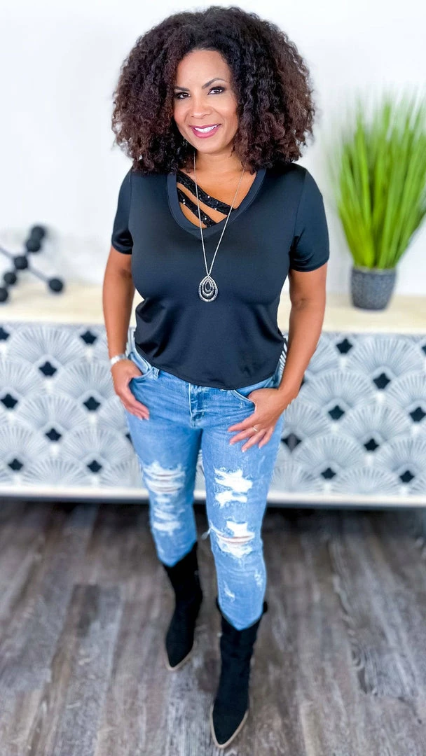 The ZigZag Stripe TOPS & TUNICS Black Sequin Sensation Top