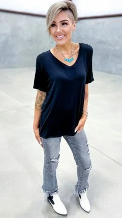 The ZigZag Stripe TOPS & TUNICS Black Slub Boyfriend Tee