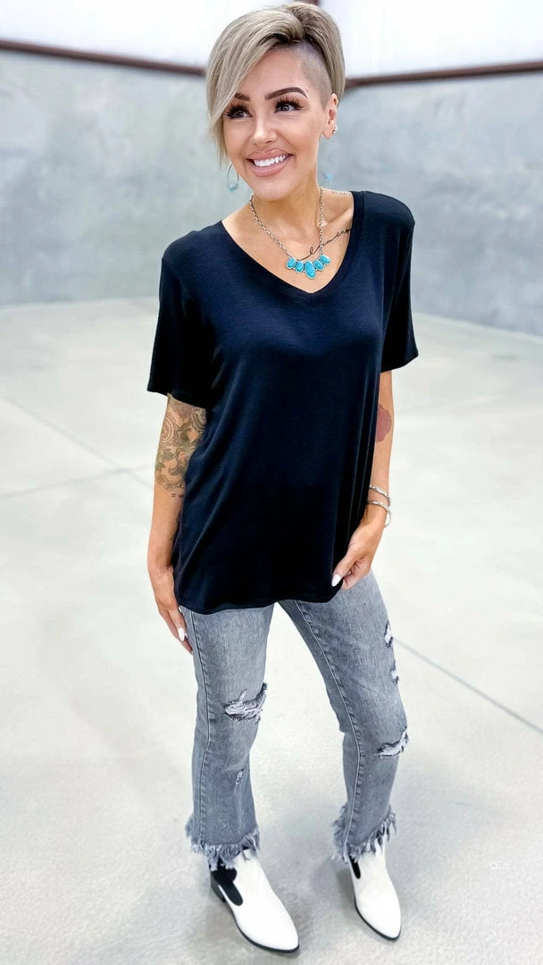 The ZigZag Stripe TOPS & TUNICS Black Slub Boyfriend Tee