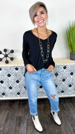 The ZigZag Stripe Black V-Neck Girlfriend Tee