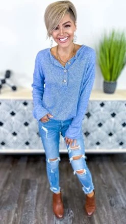 The ZigZag Stripe Blue Bistro Bliss Sweater TOPS & TUNICS