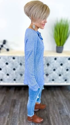 The ZigZag Stripe Blue Bistro Bliss Sweater TOPS & TUNICS