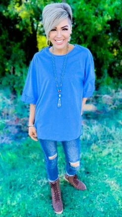 The ZigZag Stripe Short Sleeve Tops Blue Giving Ideas Top