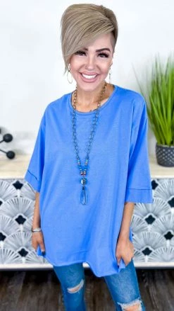 The ZigZag Stripe Short Sleeve Tops Blue Giving Ideas Top