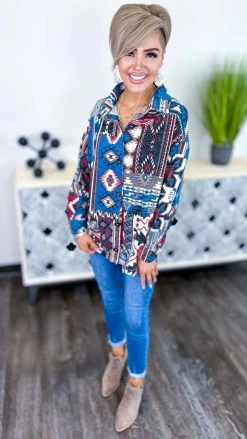 Zenana Shackets Blue Highland Trail Shacket