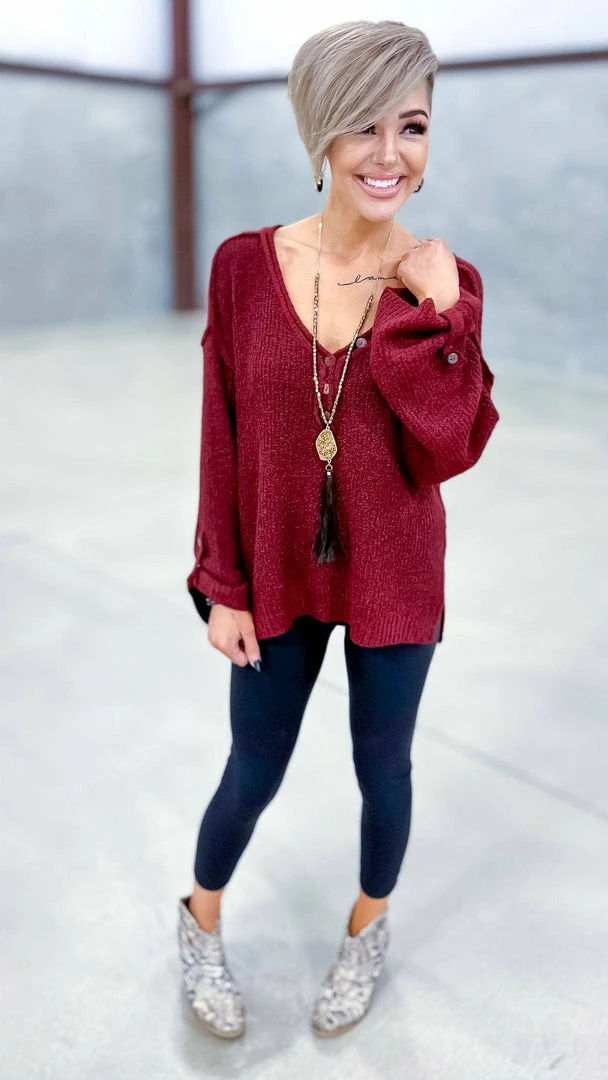 BiBi TOPS & TUNICS Burgundy Renewed Love Sweater