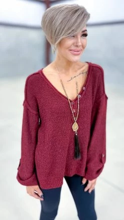 BiBi TOPS & TUNICS Burgundy Renewed Love Sweater