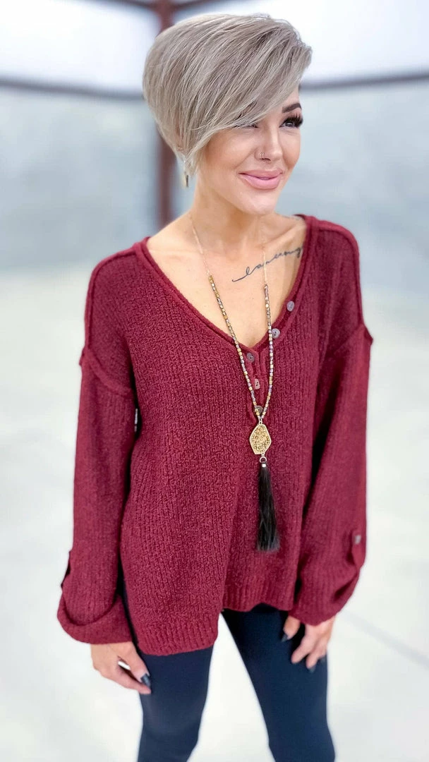 BiBi TOPS & TUNICS Burgundy Renewed Love Sweater