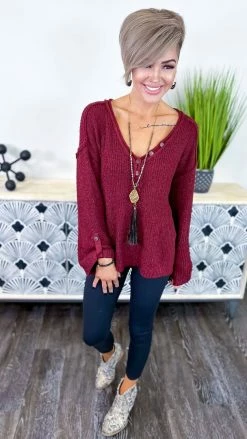 BiBi TOPS & TUNICS Burgundy Renewed Love Sweater