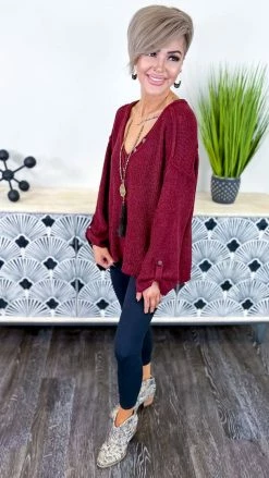 BiBi TOPS & TUNICS Burgundy Renewed Love Sweater