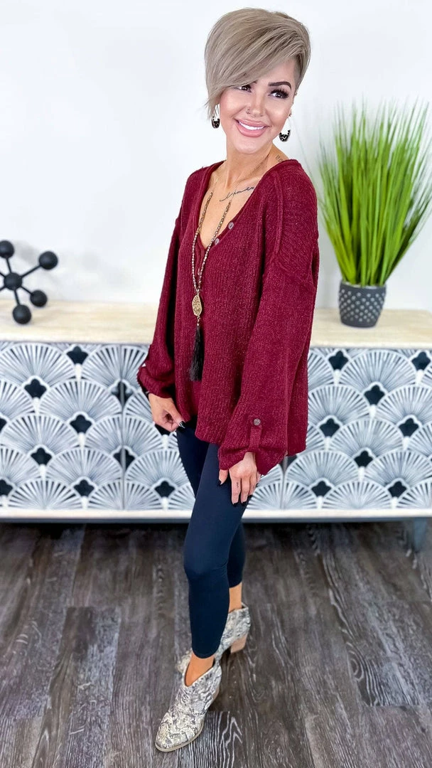 BiBi TOPS & TUNICS Burgundy Renewed Love Sweater