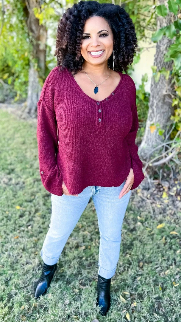 BiBi TOPS & TUNICS Burgundy Renewed Love Sweater