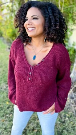 BiBi TOPS & TUNICS Burgundy Renewed Love Sweater