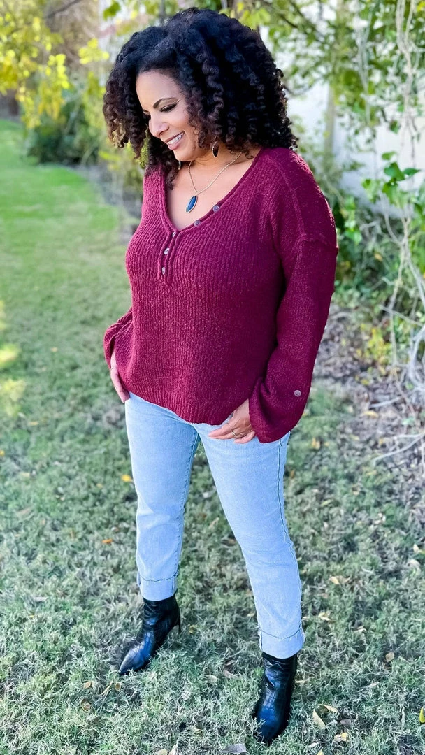 BiBi TOPS & TUNICS Burgundy Renewed Love Sweater