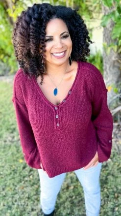 BiBi TOPS & TUNICS Burgundy Renewed Love Sweater