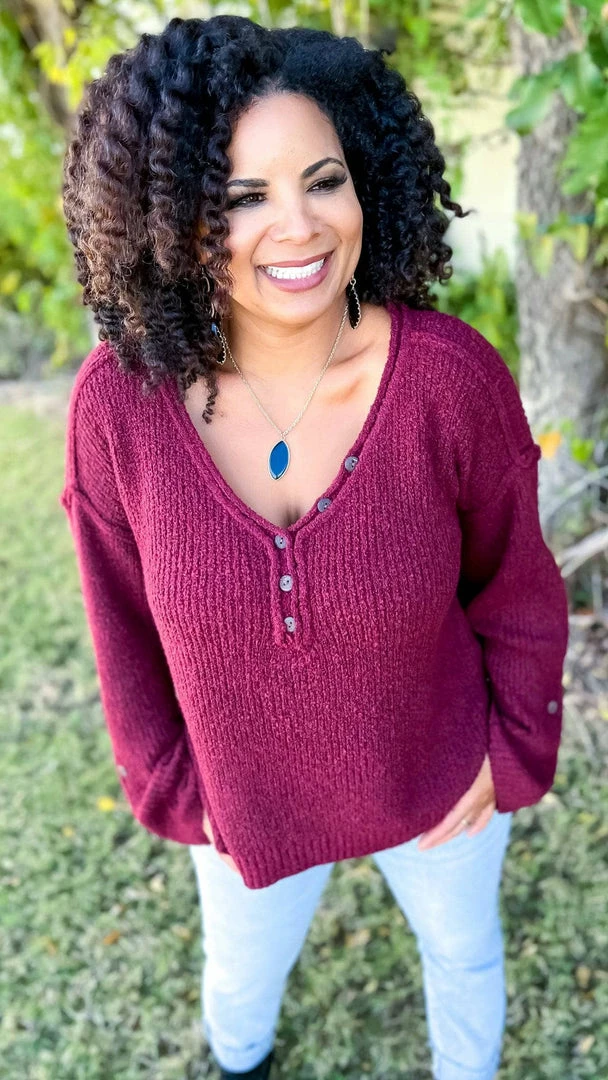 BiBi TOPS & TUNICS Burgundy Renewed Love Sweater