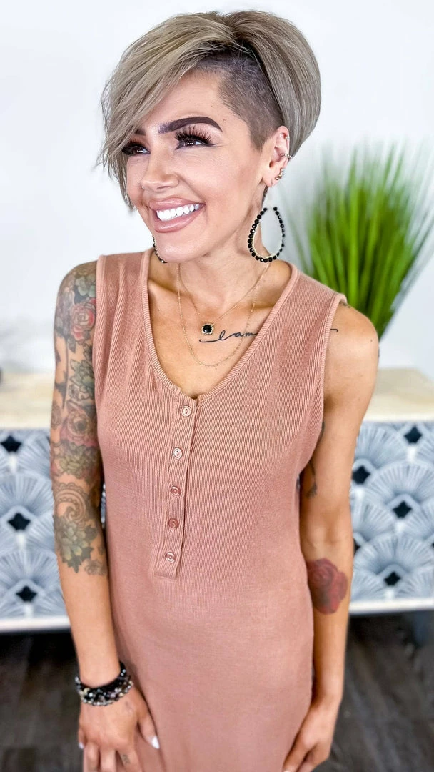 The ZigZag Stripe Camel Rooftop Date Dress DRESSES