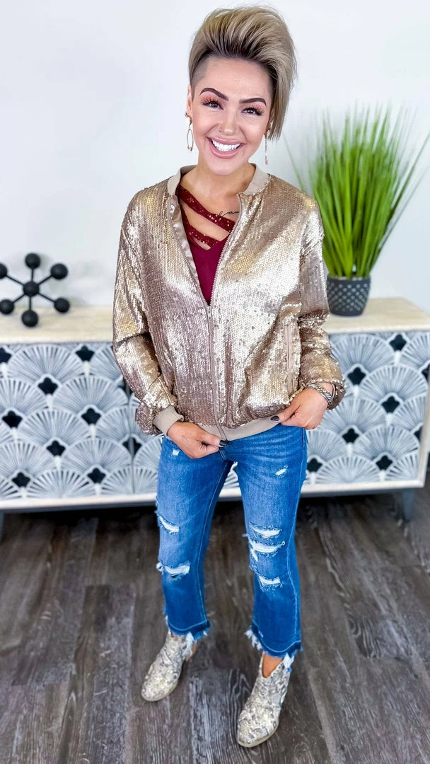 The ZigZag Stripe Champagne Concert Bomber Jacket OUTERWEAR