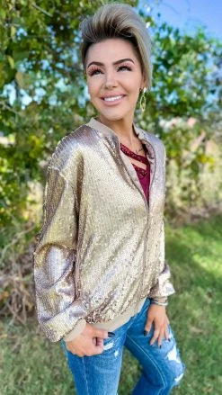 The ZigZag Stripe Champagne Concert Bomber Jacket OUTERWEAR