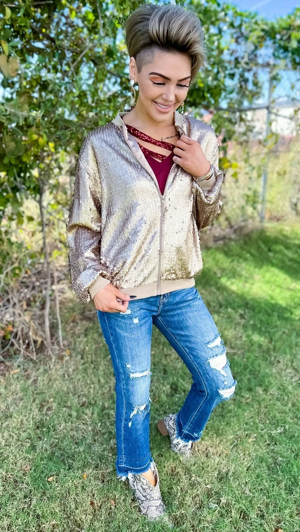 The ZigZag Stripe Champagne Concert Bomber Jacket OUTERWEAR