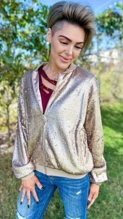 The ZigZag Stripe Champagne Concert Bomber Jacket OUTERWEAR