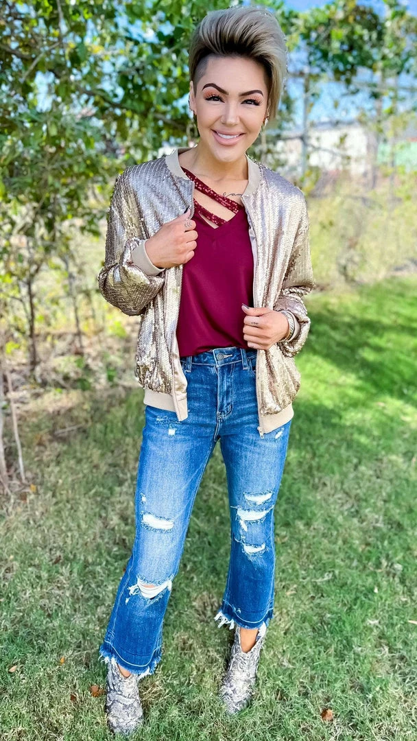 The ZigZag Stripe Champagne Concert Bomber Jacket OUTERWEAR