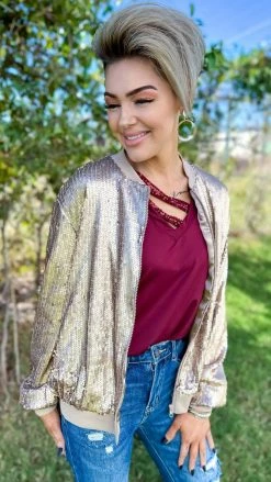 The ZigZag Stripe Champagne Concert Bomber Jacket OUTERWEAR