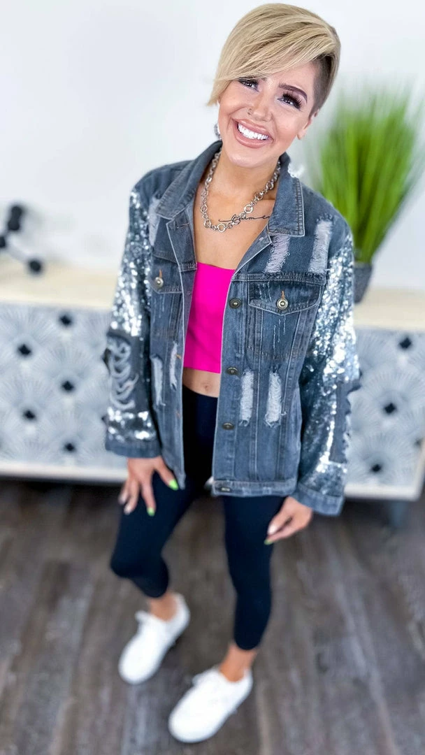 BiBi OUTERWEAR Charcoal Top Glam Denim Jacket