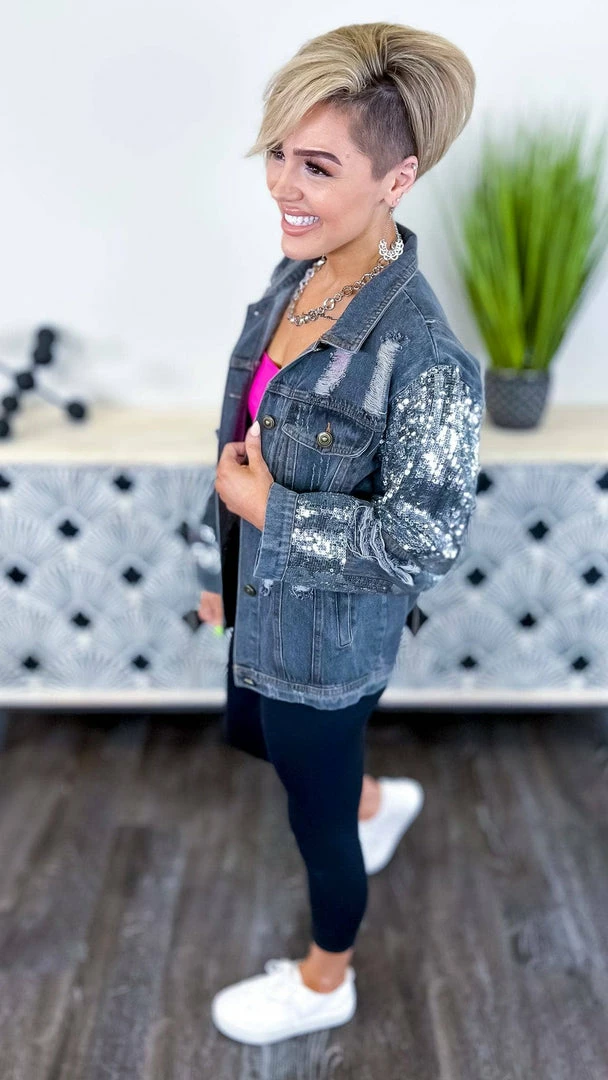 BiBi OUTERWEAR Charcoal Top Glam Denim Jacket