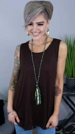 The ZigZag Stripe Chocolate Ribbed Right On Time Tank TOPS & TUNICS