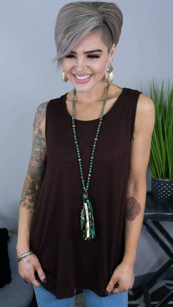 The ZigZag Stripe Chocolate Ribbed Right On Time Tank TOPS & TUNICS