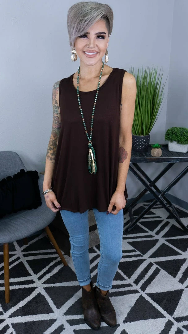 The ZigZag Stripe Chocolate Ribbed Right On Time Tank TOPS & TUNICS