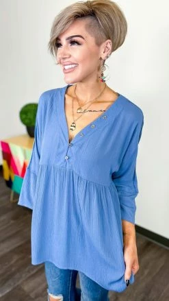 The ZigZag Stripe TOPS & TUNICS Denim Boardwalk Dates Top