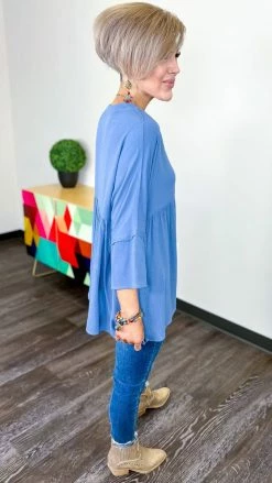 The ZigZag Stripe TOPS & TUNICS Denim Boardwalk Dates Top