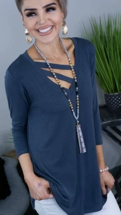 The ZigZag Stripe Denim Favorite Basic 3/4 Sleeve Top [NO RETURNS] TOPS & TUNICS