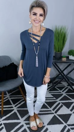 The ZigZag Stripe Denim Favorite Basic 3/4 Sleeve Top [NO RETURNS] TOPS & TUNICS