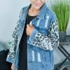 BiBi OUTERWEAR Distressed Denim Jacket With Leopard Sleeves