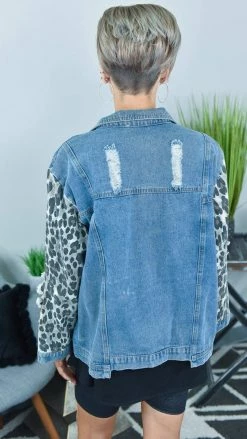 BiBi OUTERWEAR Distressed Denim Jacket With Leopard Sleeves