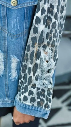 BiBi OUTERWEAR Distressed Denim Jacket With Leopard Sleeves